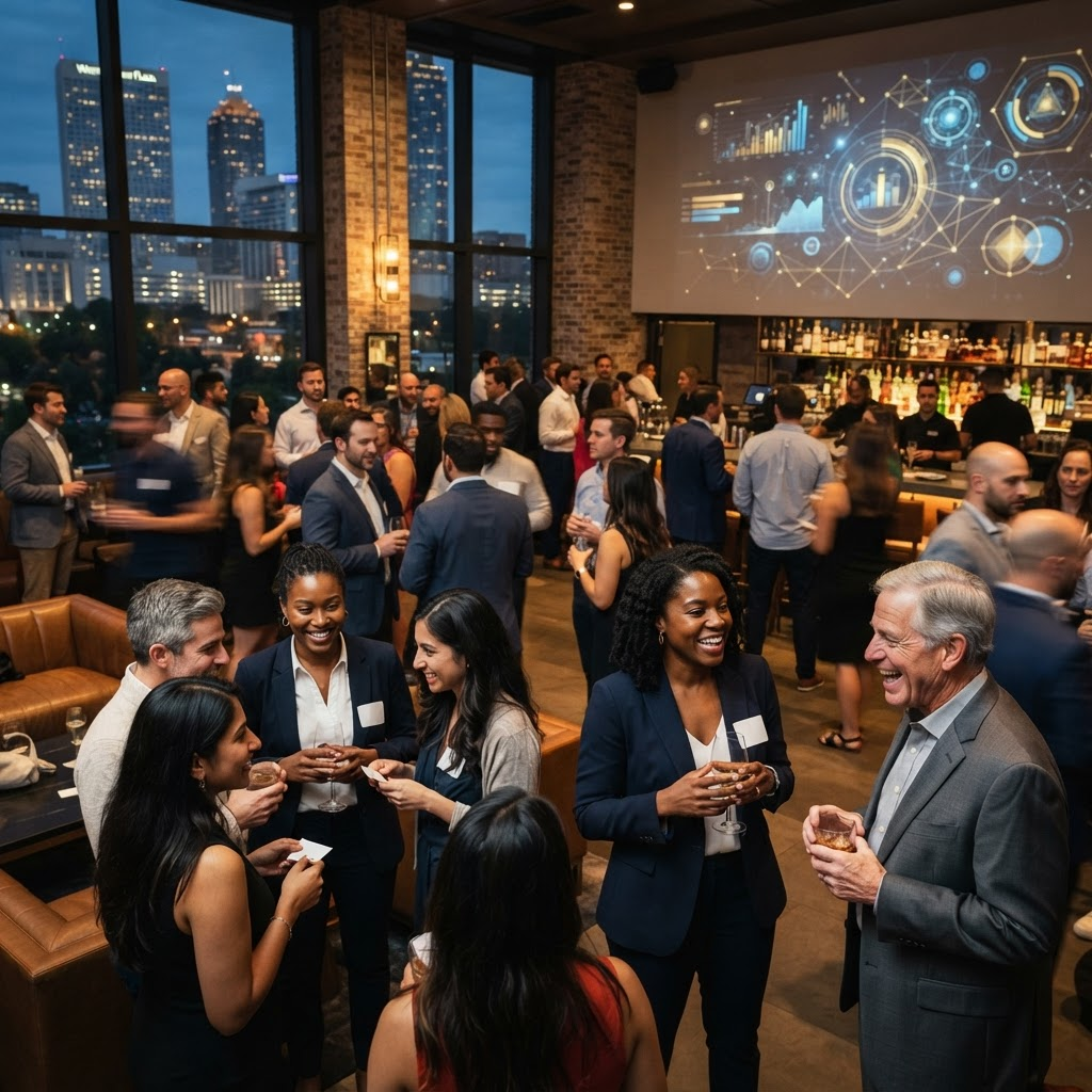 Founders and investors networking at an Atlanta fintech event