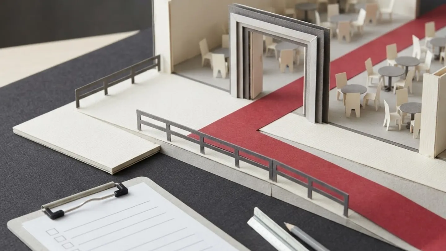 Illustration of a clear event arrival route, dining layout, and venue walkthrough checklist
