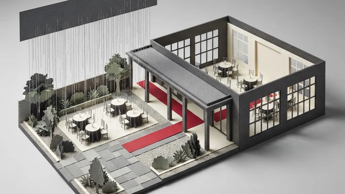 Illustration of an outdoor patio event moving into an enclosed indoor backup room