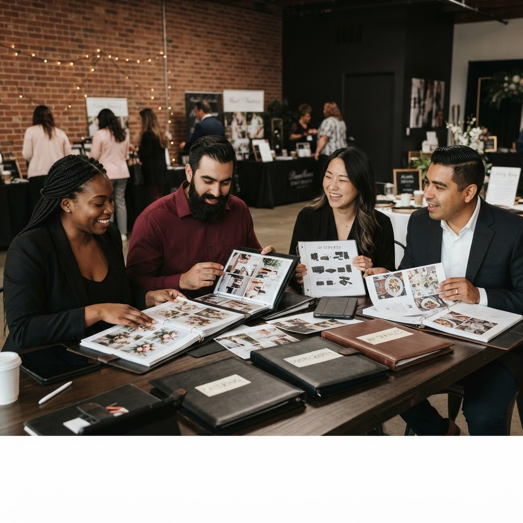 Planner comparing event vendor marketplace portfolios