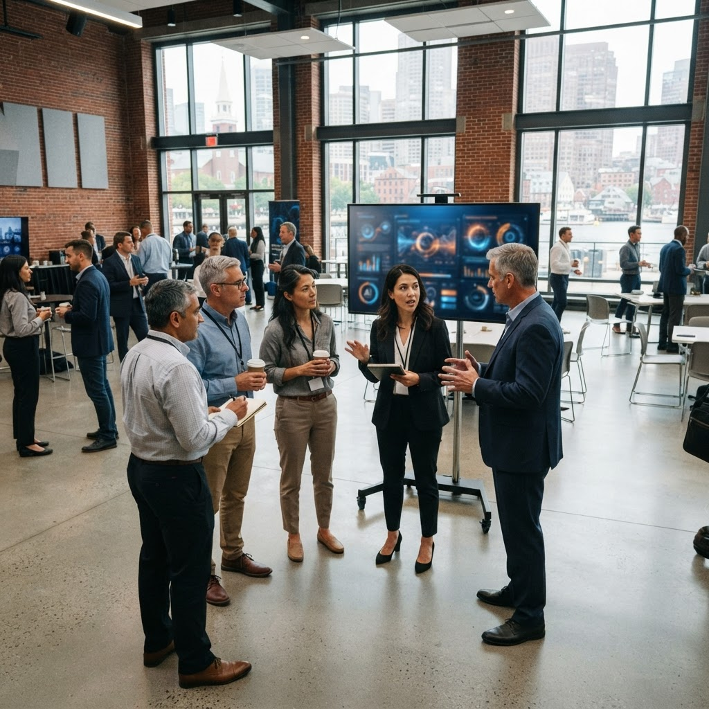 Researchers and business leaders discussing at a Boston AI conference