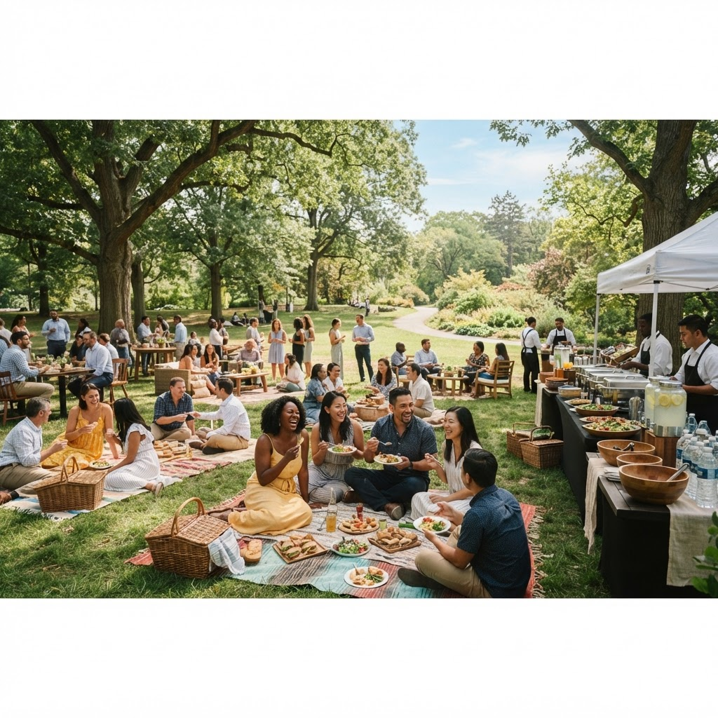 Coworkers gathering at a catered outdoor company picnic