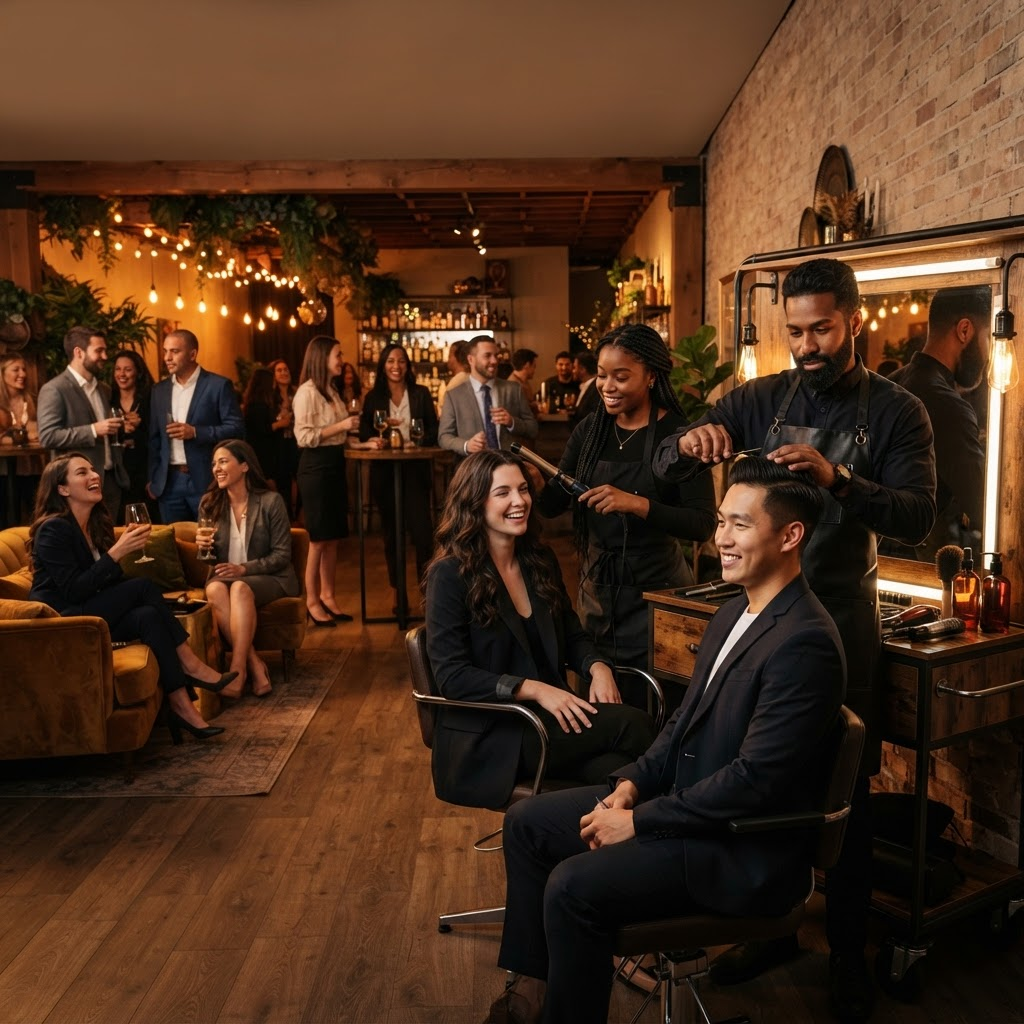 Barber and hairstylist providing optional grooming services at a corporate event