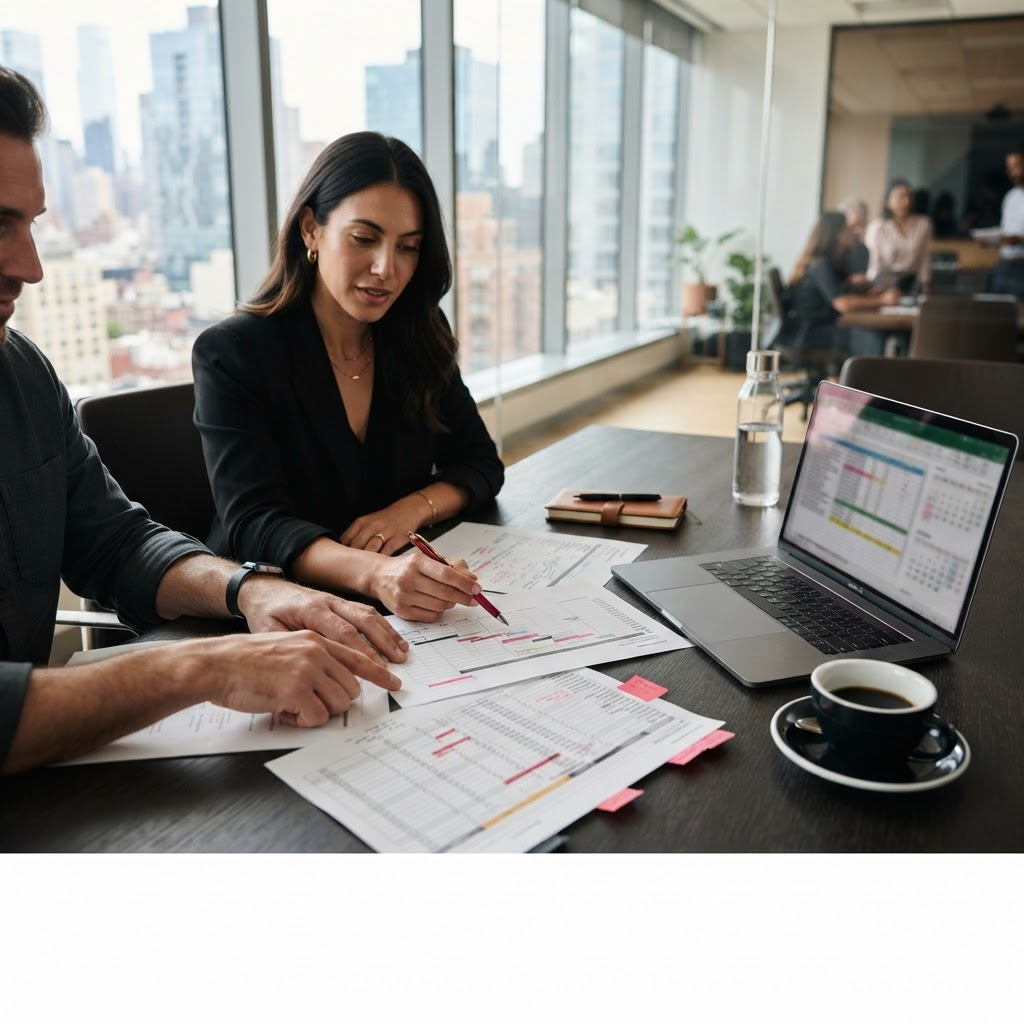 Event proposals and timeline documents being compared for a corporate event