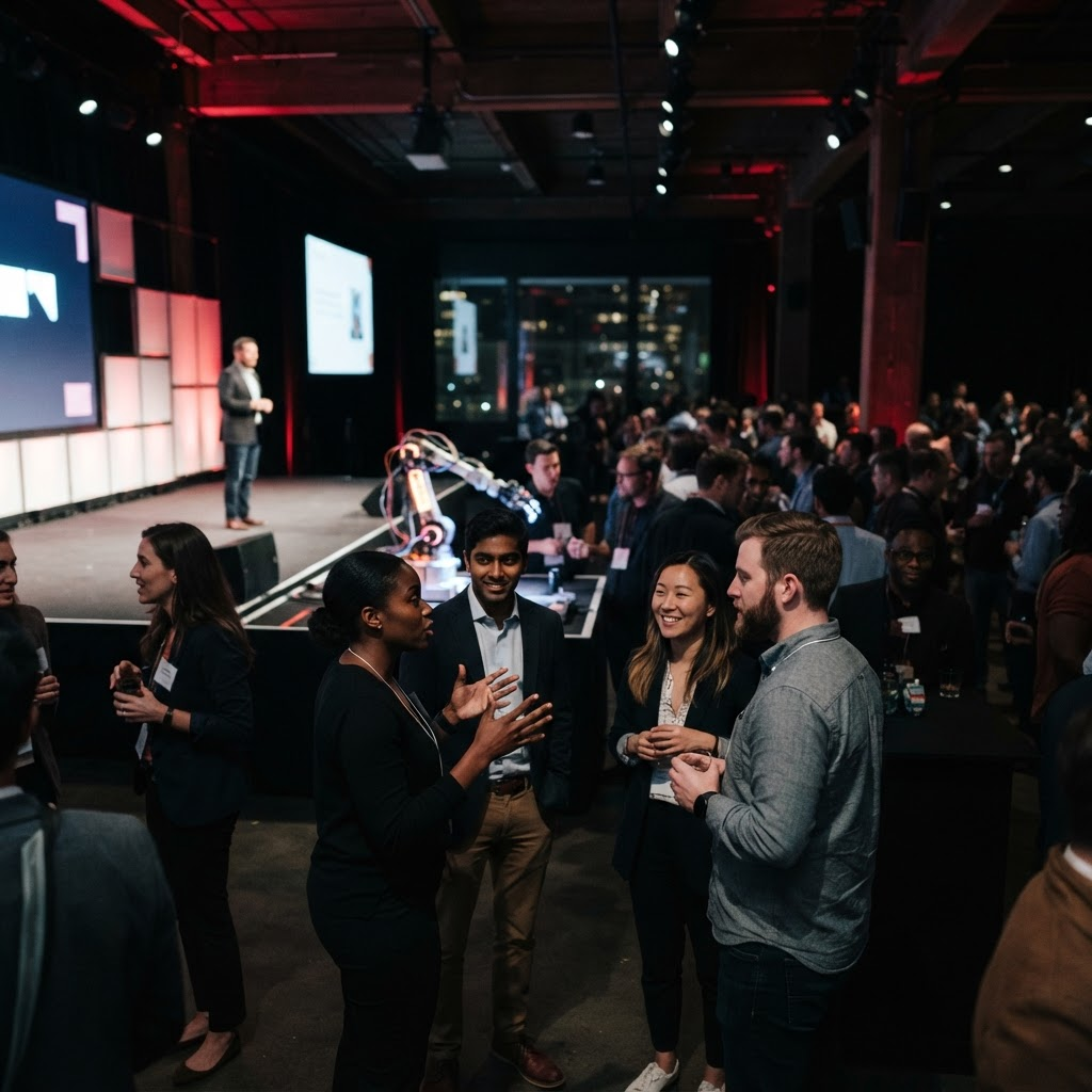 Founders and engineers networking at a San Francisco technology summit