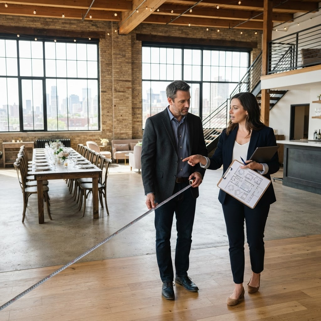 Planner and venue manager inspecting an event space