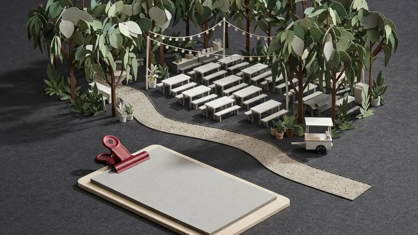 Illustration of picnic tables, a delivery path, and a permit checklist for an SF park party