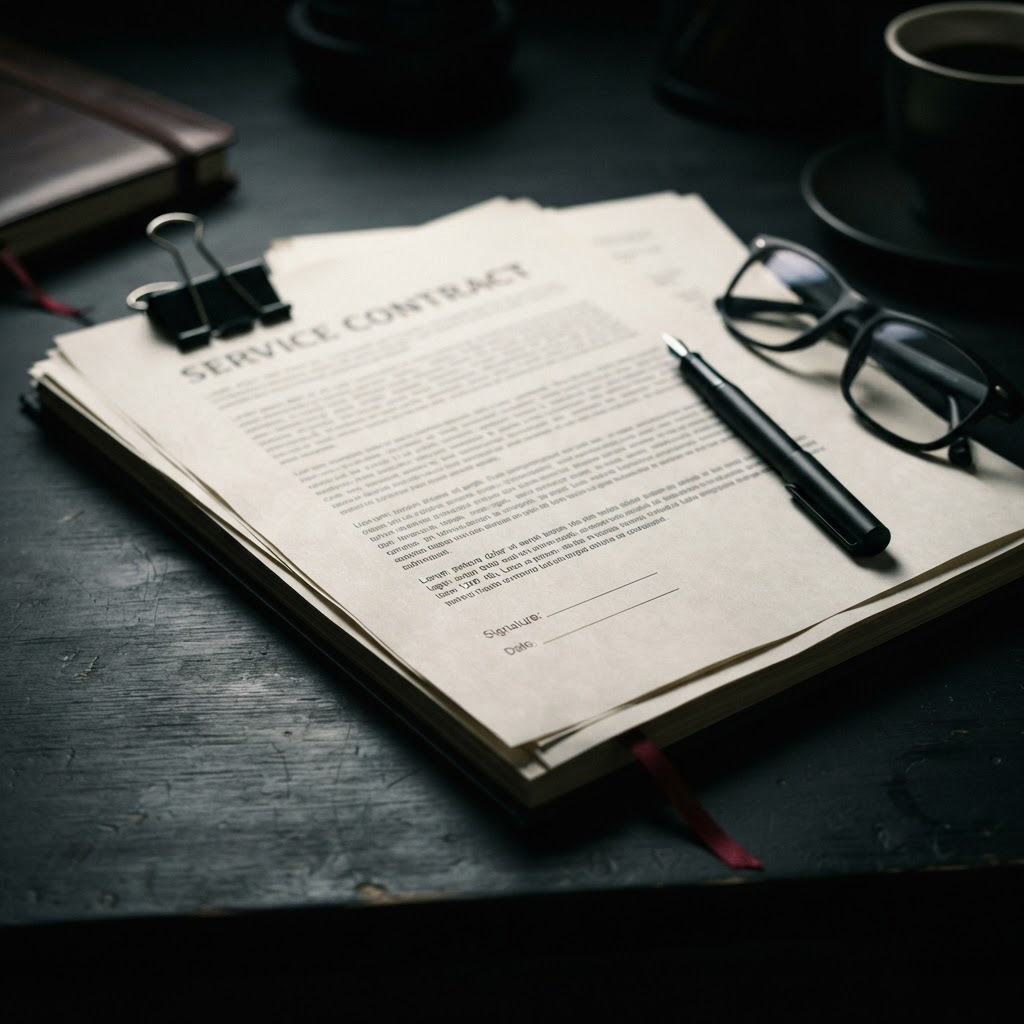 A printed service contract with a signature line on a dark desk beside a pen and reading glasses