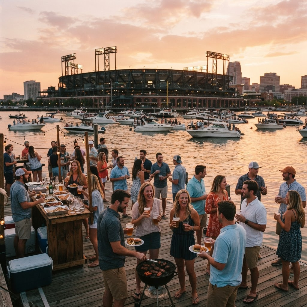A waterfront tailgate with boats gathered near a baseball stadium at sunset