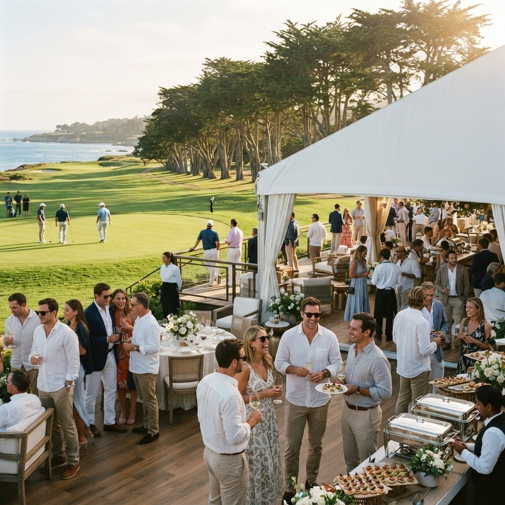 Guests enjoying catering under a hospitality tent beside a golf course fairway at sunset