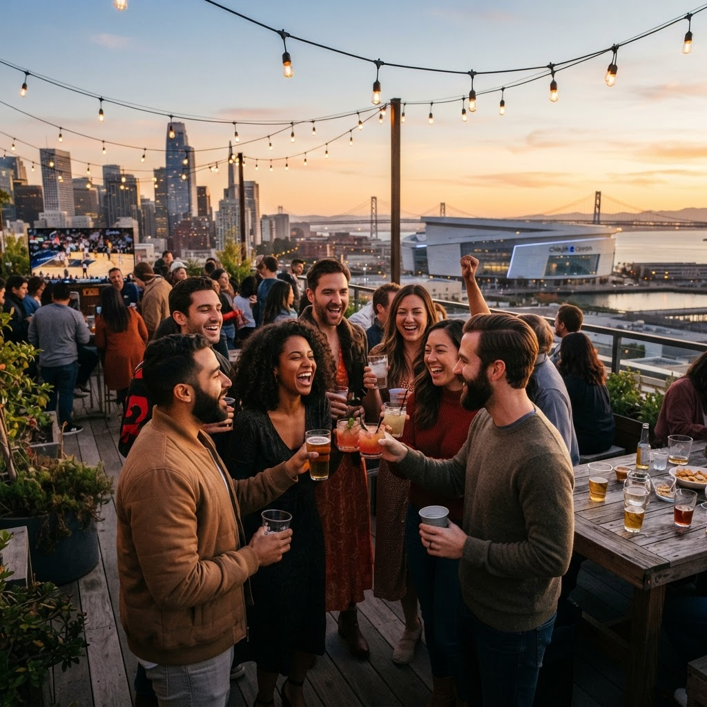 Friends celebrating at a rooftop watch party in San Francisco at sunset